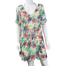 Anthropologie Floral Ruffle Sheer Tunic Dress Multicolor Size S V-Neck Flowy
