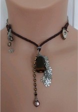 Vintage Pilgrim Tiger Eye Gem  Shell Cubed Crystals Floral Metal Cord Necklace