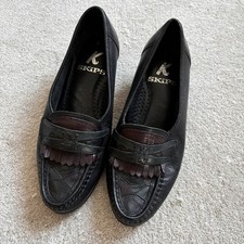 Vintage Leather Loafers UK 3 90s 80s Black Burgundy K Shoes Fringed Work Casual