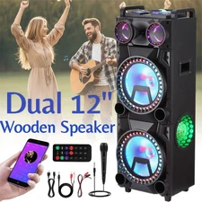 Dual 12'' wooden Wireless Portable PA Speaker System with FM Radio USB TF Mic