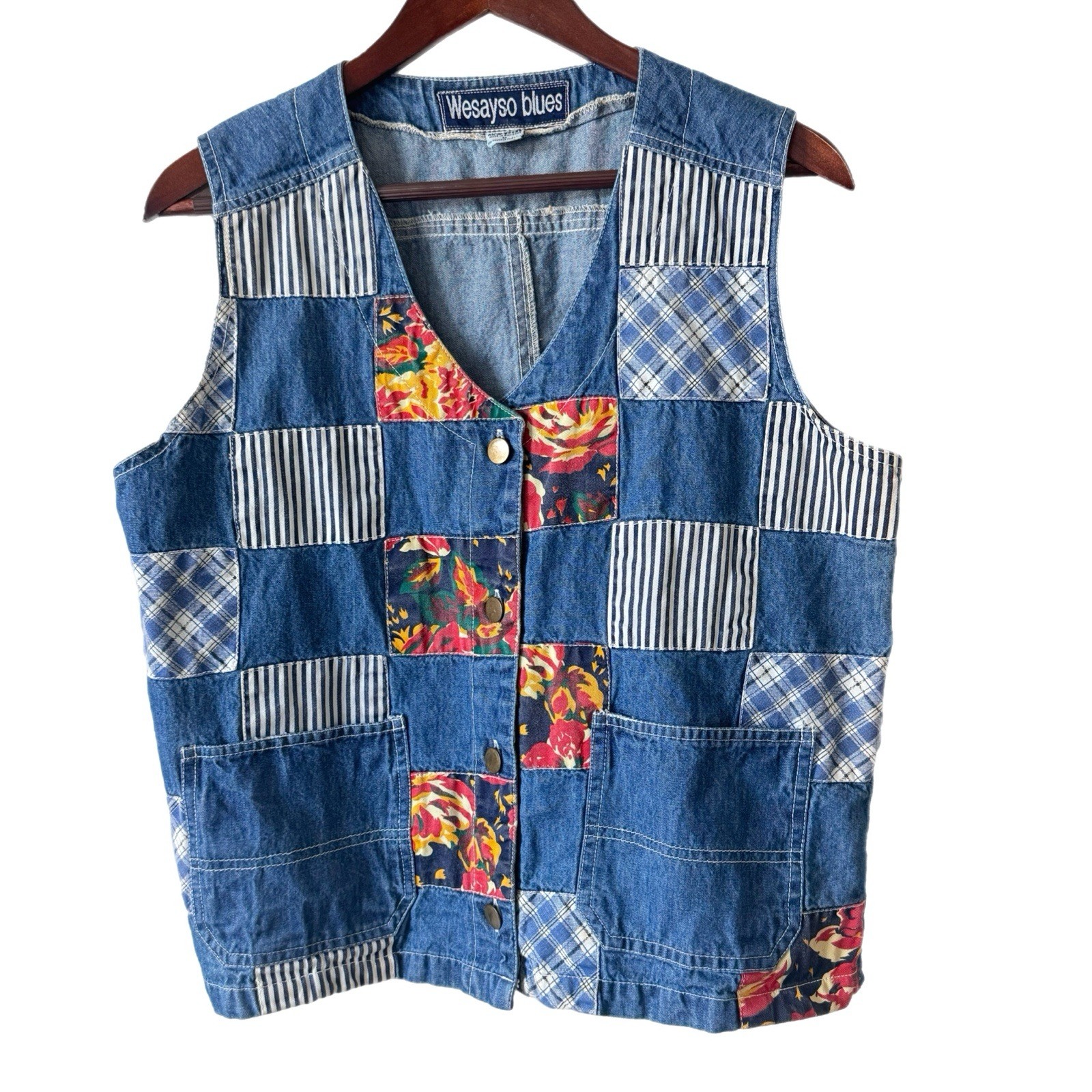 Vintage Patchwork Denim Vest Pockets Boho Cottagecore Cowgirl Rodeo Western Sz M