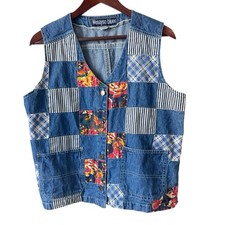 Vintage Patchwork Denim Vest Pockets Boho Cottagecore Cowgirl Rodeo Western Sz M