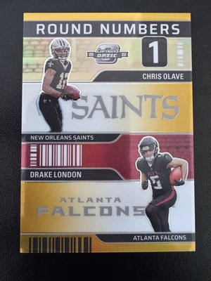 2022 Panini Contenders Round Numbers Chris Olave, Drake London #RN-3 GOLD /10 RC