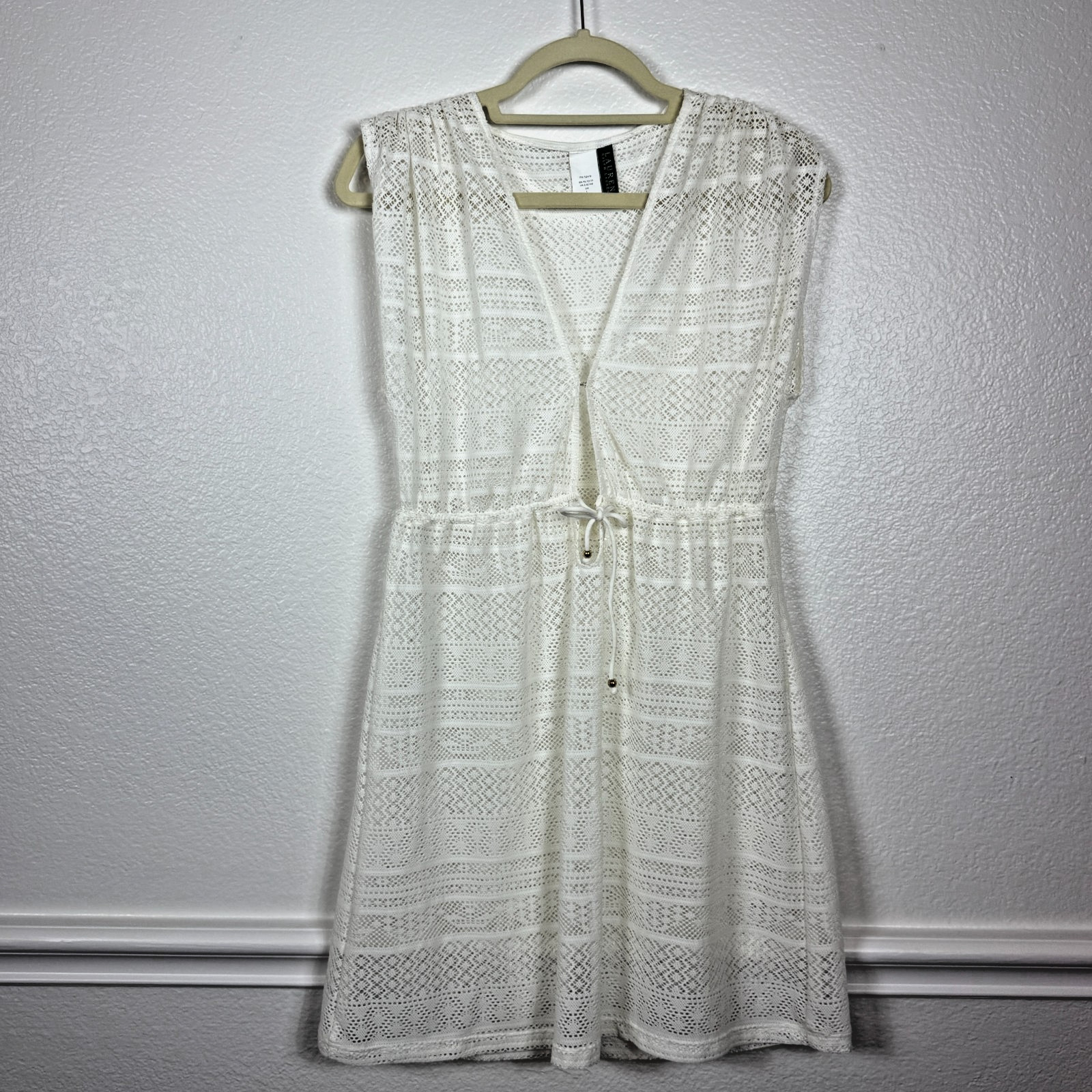 Lauren Ralph Lauren Lace Crotchet Detail Swim Cover-Up White Dress Women's L