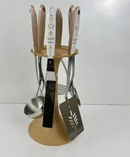 6 Pc Ekco Flint Arrowhead Stainless Wheat Handle Kitchen Utensil Set with Stand