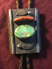 Old Pawn Navajo Sterling Silver Coral & Turquoise Bolo Tie #S2193