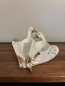Capodimonte White Swan Pair Gold Accents Porcelain Trinket Dish Figurine