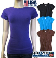 Women Ladies Soft Stretch T Shirt Tee Top Basic Plain Solid Colors CrewNeck S-XL