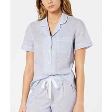 Charter Club Notch Collar Woven Cotton Pajama Top Embroidery Stripe