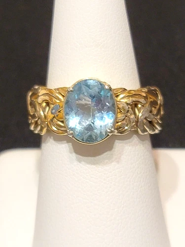 Vintage TURKEY Sterling/Gold Wash Blue Topaz Byzantine Ring Sz. 10 & 5 Gm R444