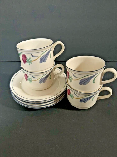 Lenox Chinastone  ~ Poppies on Blue  Cup & Saucer  ~4 Sets  Excellent Condition