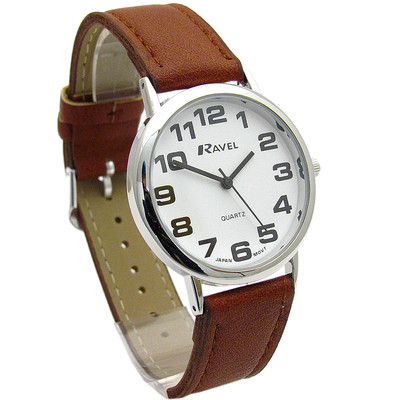 Ravel superklare leicht ablesbare Herren-Quarzuhr braunes Armband weißes Zifferblatt R0105.32.1A