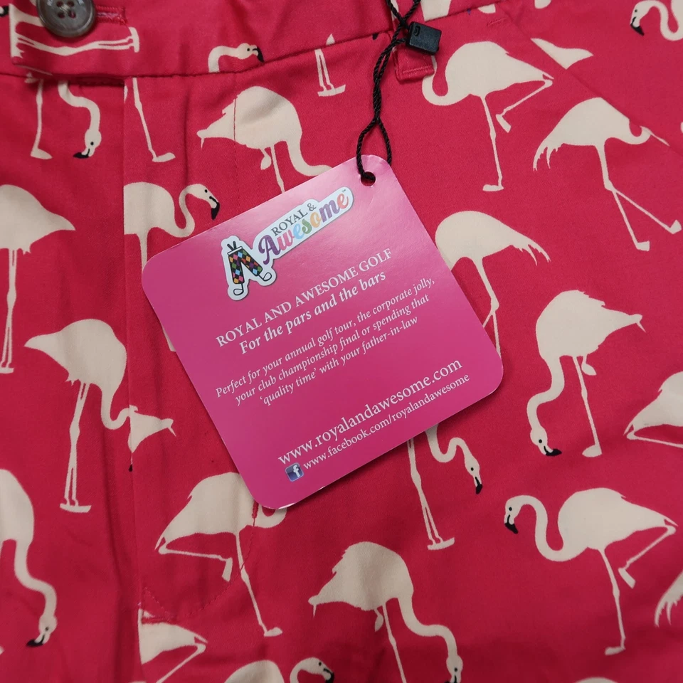 Royal & Awesome 短裤男式 32 粉色高尔夫 Chino Birdie Breeks Flamingos 全新带标签 — 第 3/4 张图片