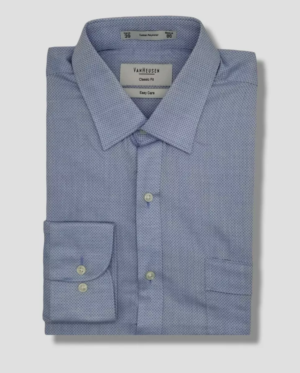 55 Van Heusen Men Classic Fit Blue Textured Long Sleeve Dress Shirt Size 39 86