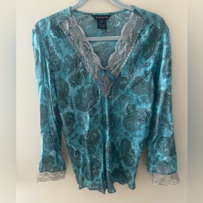 Francesca Rose top Y2K rayon blue paisley lace trim longline blouse size M