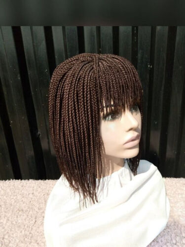 Braided wigs for black women synthetic short bob black brown box with bangs - Picture 1 of 6