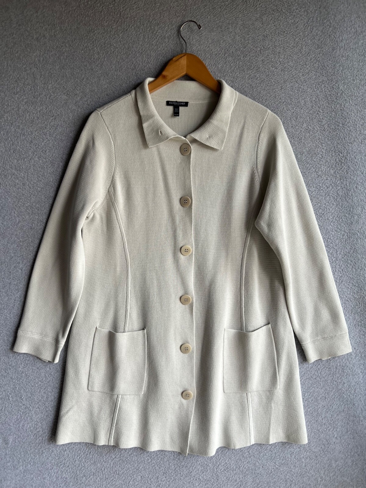 Eileen Fisher Womens PL Silk Cardigan Ivory 3/4 Sleeves Front Button Pockets