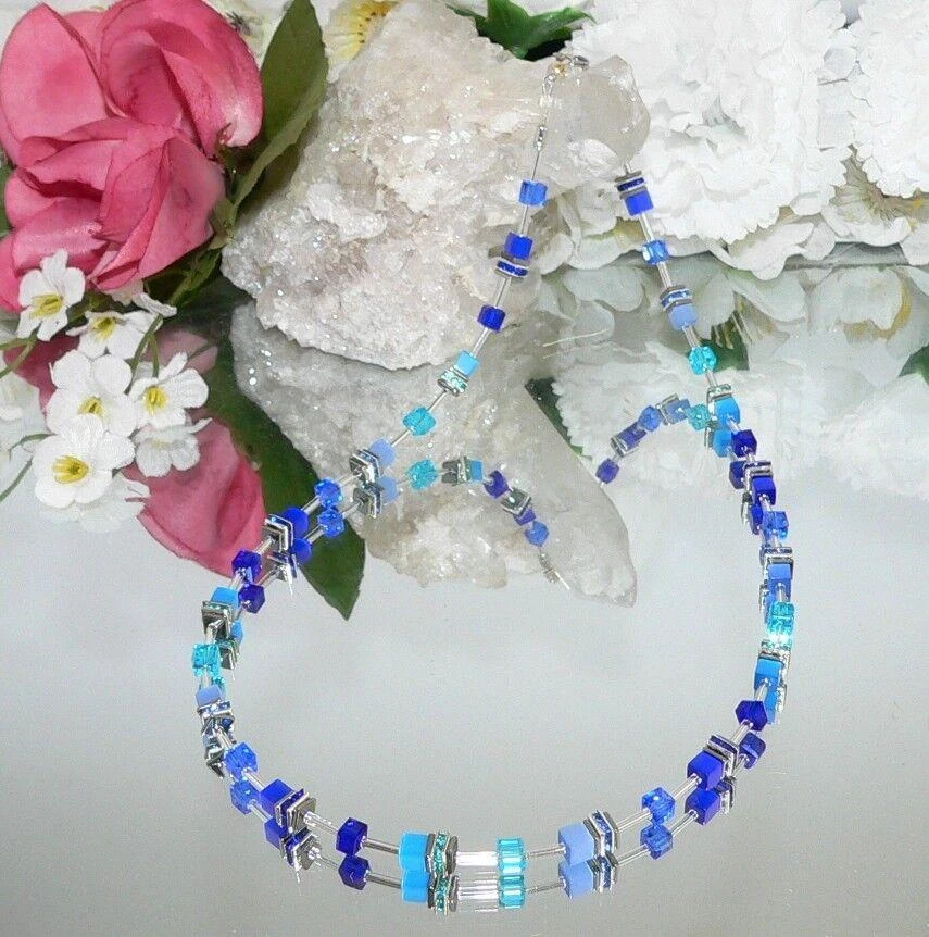 3er Schmuckset Cube Cat Eye Kristall Glas hellblau blau türkis Strass 502. - Bild 3 von 4