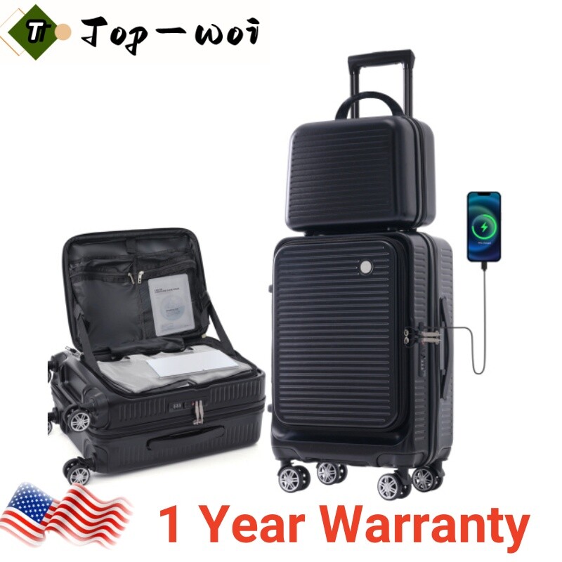 Carry-on Luggage 20 Inch Front Lightweight Suitcase w/Front Pocket and USB Port-image