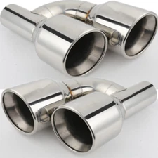 Pair Offset 2.5" In Quad 4" Out Dual Wall Exhaust Tips Slant Cut Stainless Steel