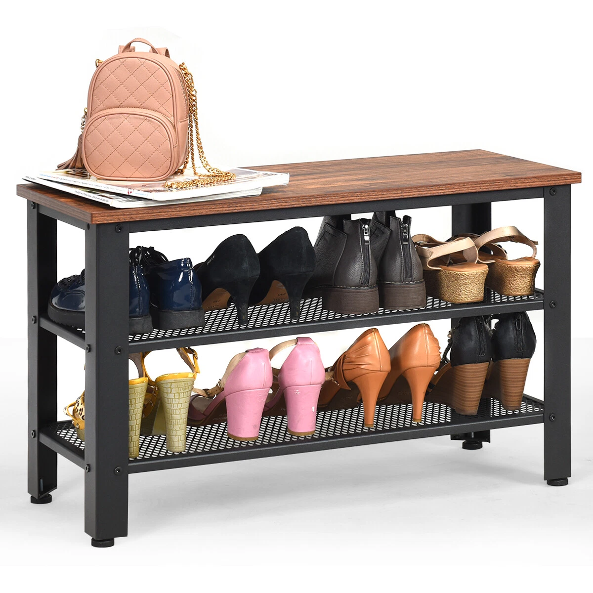 3-Tier Shoe Rack Industrial Shoe Bench with Storage Shelves-Brown