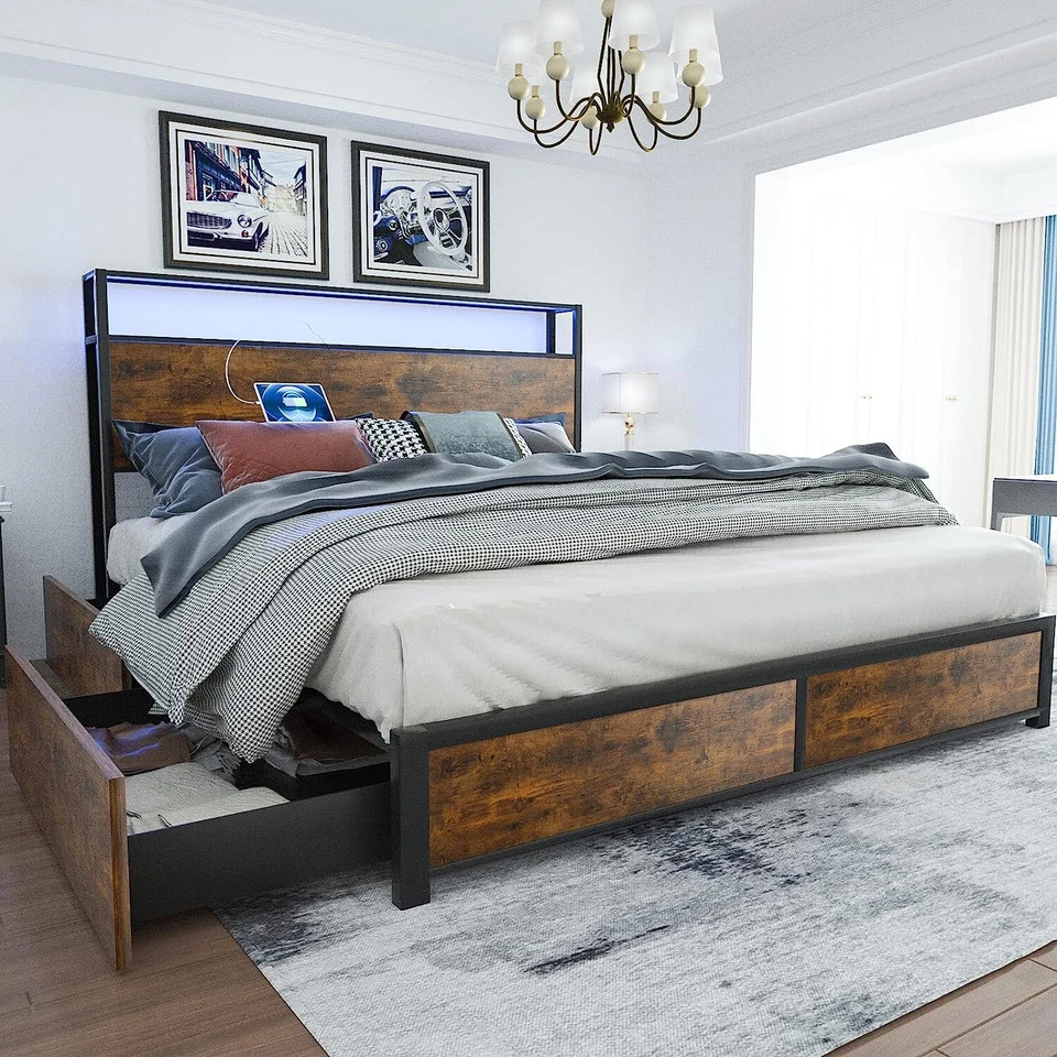 Full Queen King Size Metal Platform Bed Frame w/ LED Lights,4 Drawers,Headboard - Image 2 of 4