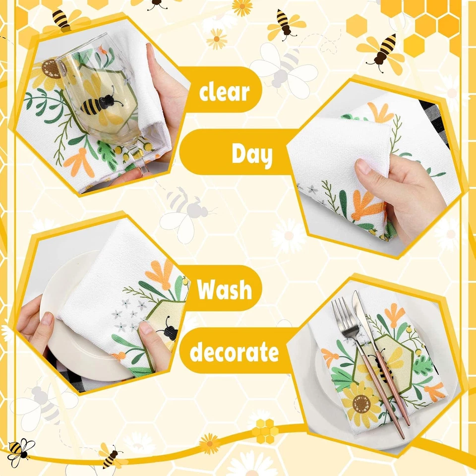 Oudain 6 Piezas Abeja Toallas de Cocina Miel Abeja Cocina Decoración 15.8 X 23.6 Pulgadas Plato  Foto 3 de 4