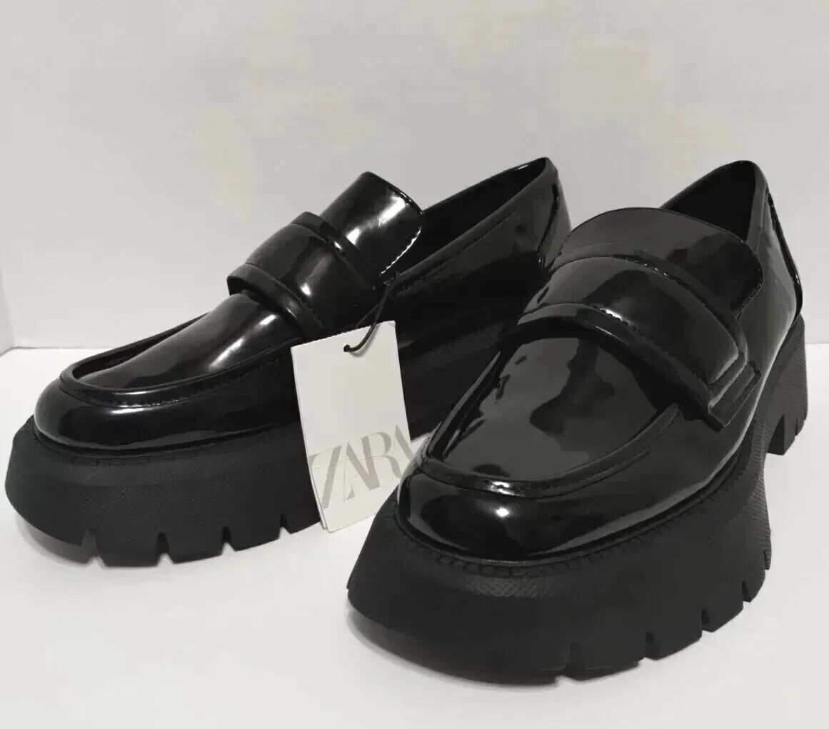Zara Black Chunky Faux Patent Leather Platform Loafers Lug Zara Black Chunky Faux Patent Leather Platform Loafers Lug
