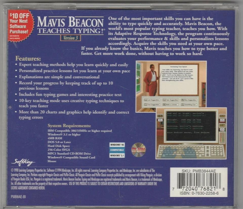 Mavis Beacon Teaches Typing Ver. 3 CD-Rom for Windows 3.1 & 95 by Softkey - Image 2 of 4