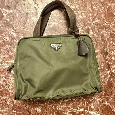 Authentic Prada Tessuto Nylon Top Handle Bag Olive Green Lock & Key Vintage Y2K