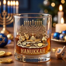 Hanukkah Menorah Whiskey Glass Jewish Star Dreidel Holiday Gift for Him