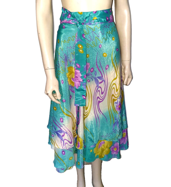 Pure Silk Teal Purple Wrap Skirt One Size