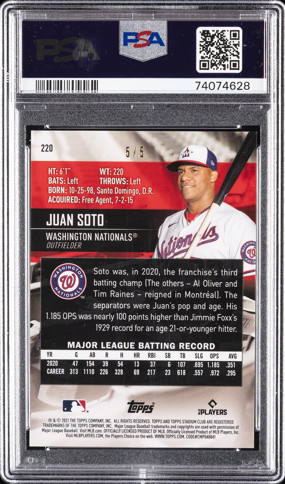 2021 TOPPS STADIUM CLUB CHROME VARIATION-RED REFRACTOR #220 JUAN SOTO 5/5 PSA 8 view 2