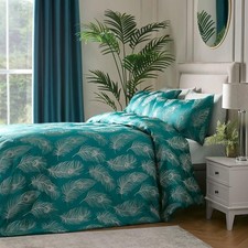 Teal Peacock Feathers Duvet Cover Set – Navy, Metallic Jacquard, Super King