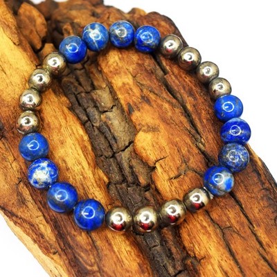 Tolles dehnbares Lapislazuli & Pyrit 109,00 kt Perlenarmband RK 44 AZ46