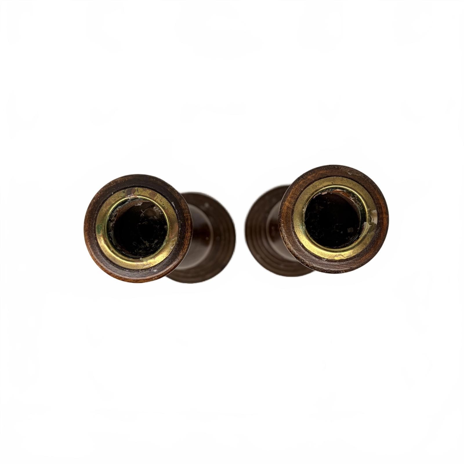 Vintage MCM Cornwall hand turned wooden taper candlesticks with brass inserts