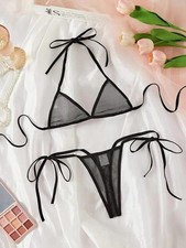Black Sheer Mesh Extreme Micro Triangle Top  Thong G-String Bottom Swimsuit