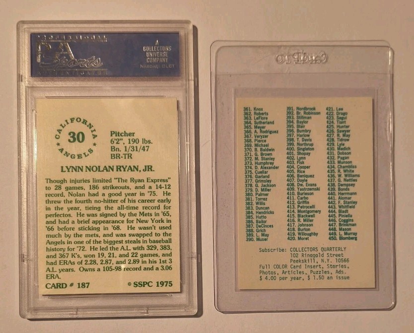 1975 SSPC #187 Nolan Ryan PSA 9 Mint + NOLAND Error Card #593 w/ Catfish Hunter  view 5