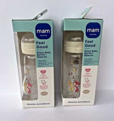 Lot 2 MAM Feel Good Glass Baby Bottle 9oz Bottles Medium Flow Fox & Bunny Design