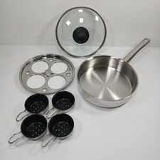 Induction Egg Poacher Pan Lid 4 Non-Stick Vented Cups 18/10 Stainless Steel