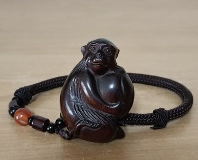 Japanese Netsuke, Hand-Carved, Monkey Holding Peach Motif, wood