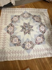 VINTAGE QUILT STAR FLORAL ROSES PINK BLUE GREEN  76” BEAUTIFUL!