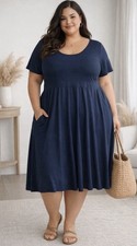 NWT Plus Size Blue Dress Tie Back Pockets Flowy Short Sleeve Casual Size 4X