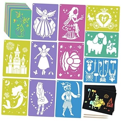 30 Pieces Stencils for Kids with 5 Pcs Scratch Paper, 7 x 9.85 Inch Large 