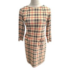 Jude Connally Women XS Plaid Sheath Dress Tan Red Black 3/4 Sleeve Made in USA