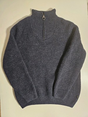 Barbour Tyne Zip Neck Pullover Herren Large L reine Shetlandwolle Strickpullover blau