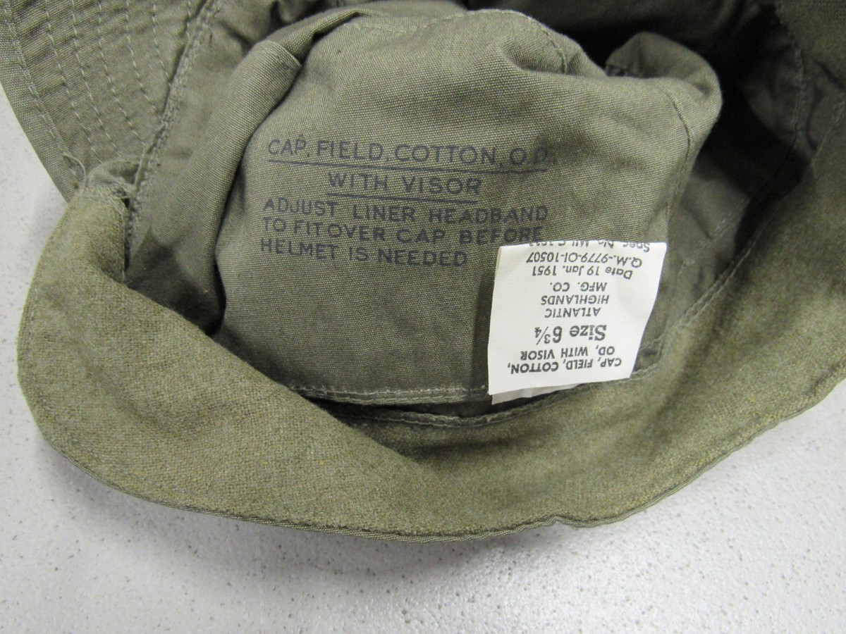 Korean War US OD Field Cap Hat Cotton With Visor 1951 Size 6 3/4