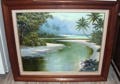 STEPHEN SANDS 1990 HAENA STREAM KAUAI SIGNED TWICE FRONT & BACK WALNUT FRAME