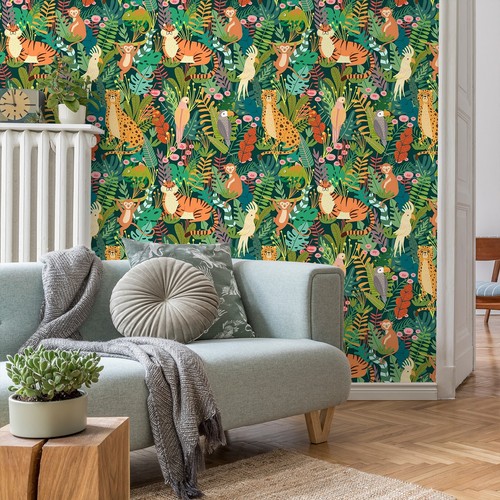 CHIHUT Jungle Animal Wallpaper 17.7”x100” Peel and Stick Wallpaper Wall Art NEW - Picture 4 of 8