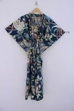 Women Long Loose Short Sleeves Monkey Print Blue Free Size Caftan Maxi Dress